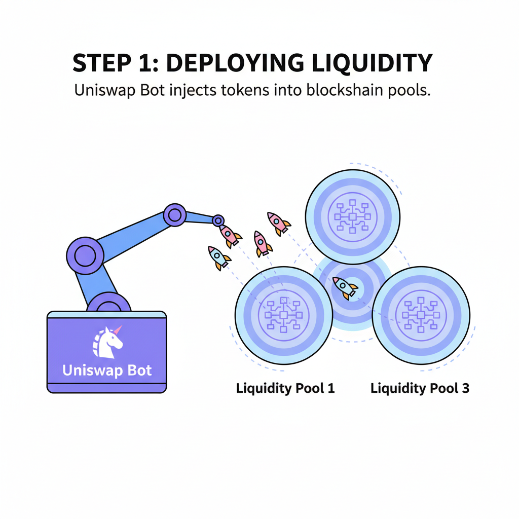 Uniswap liquidity bot deploying rockets into blockchain pools