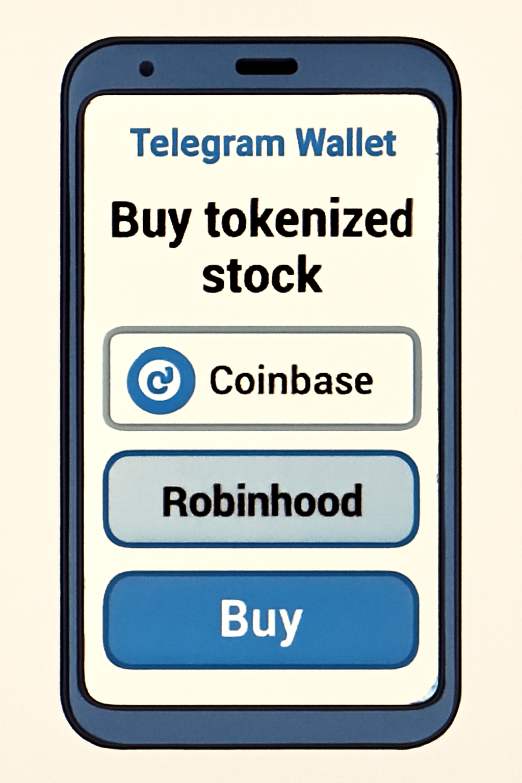 Telegram Wallet buy tokenized stock screen, Coinbase Robinhood options