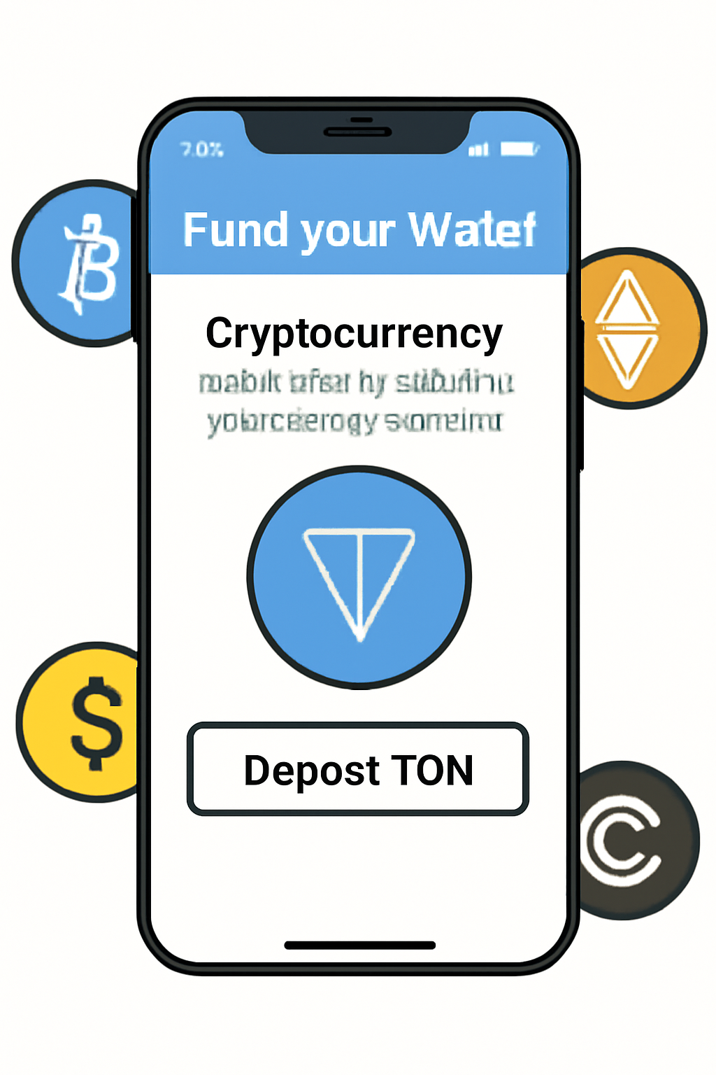 Telegram Wallet funding with TON, deposit screen, crypto icons
