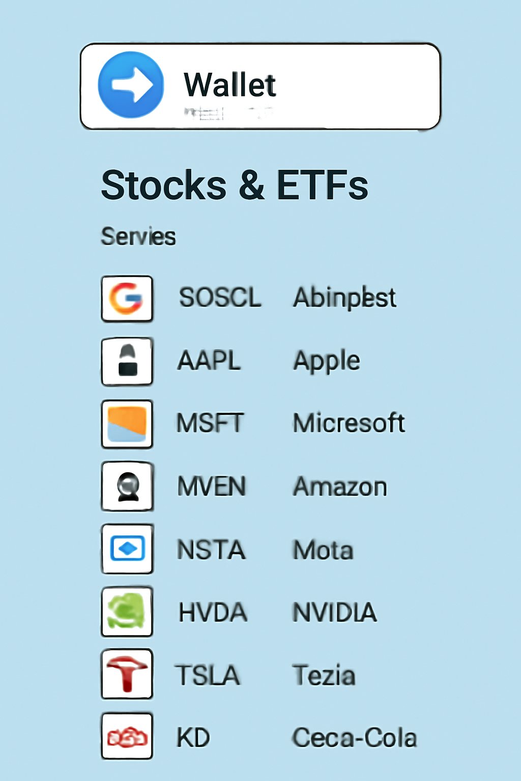 Telegram Wallet Stocks and ETFs menu, stock icons listed