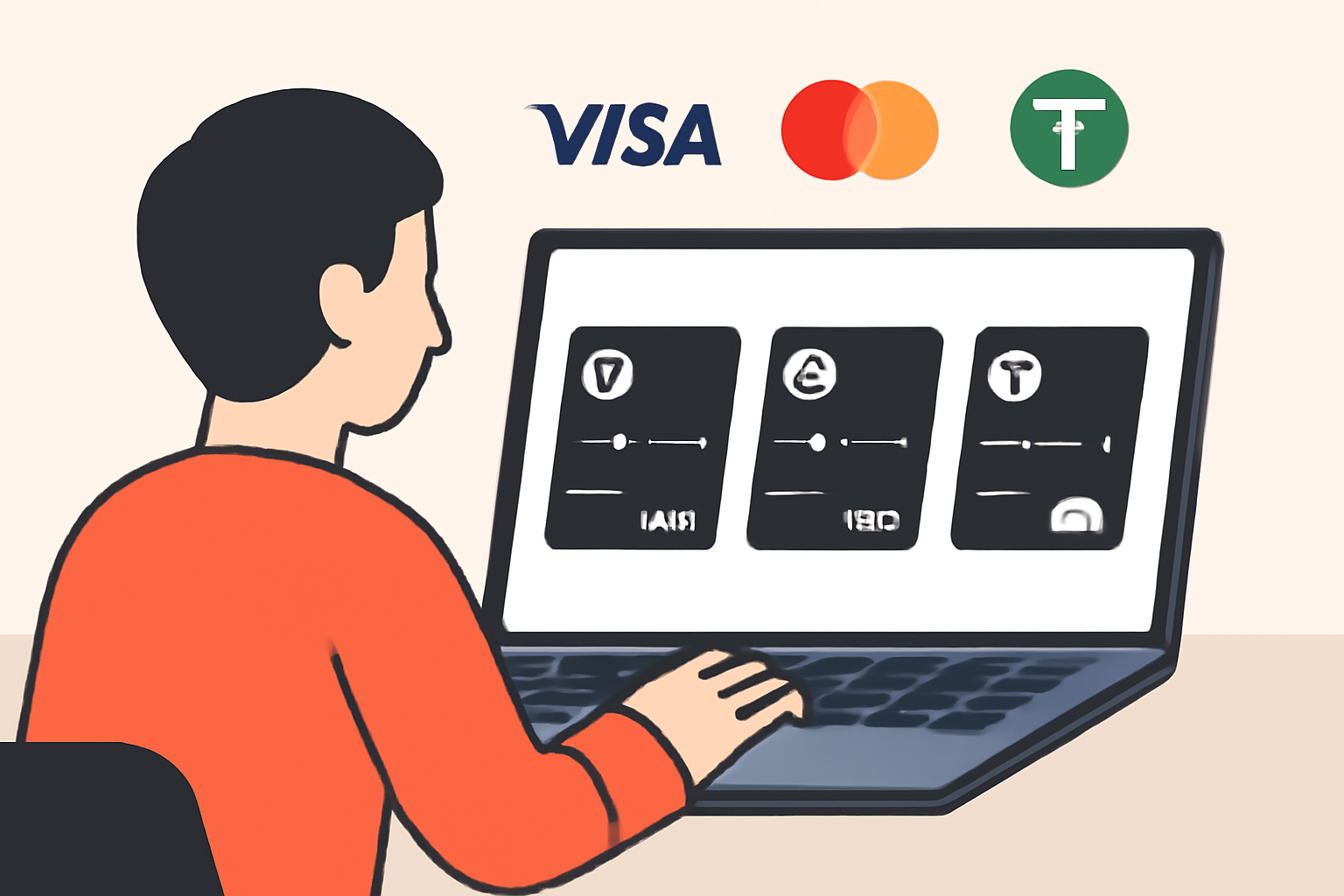 A person comparing different crypto debit cards on a laptop, with logos of Visa, Mastercard, and USDT symbols visible.