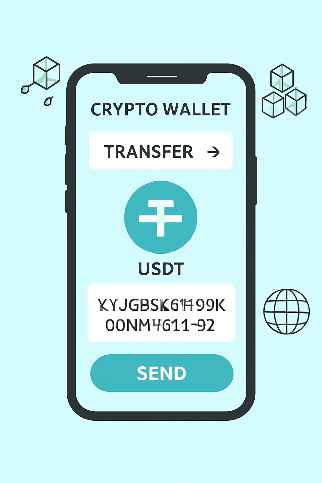 A smartphone screen showing a crypto wallet app transferring USDT to another wallet address, with blockchain icons.