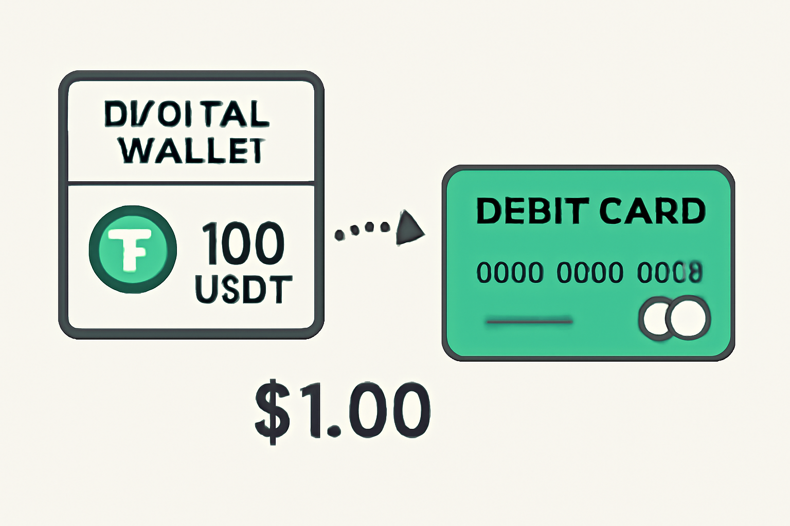 A digital wallet showing a USDT balance being loaded onto a debit card, with a $1.00 rate displayed.