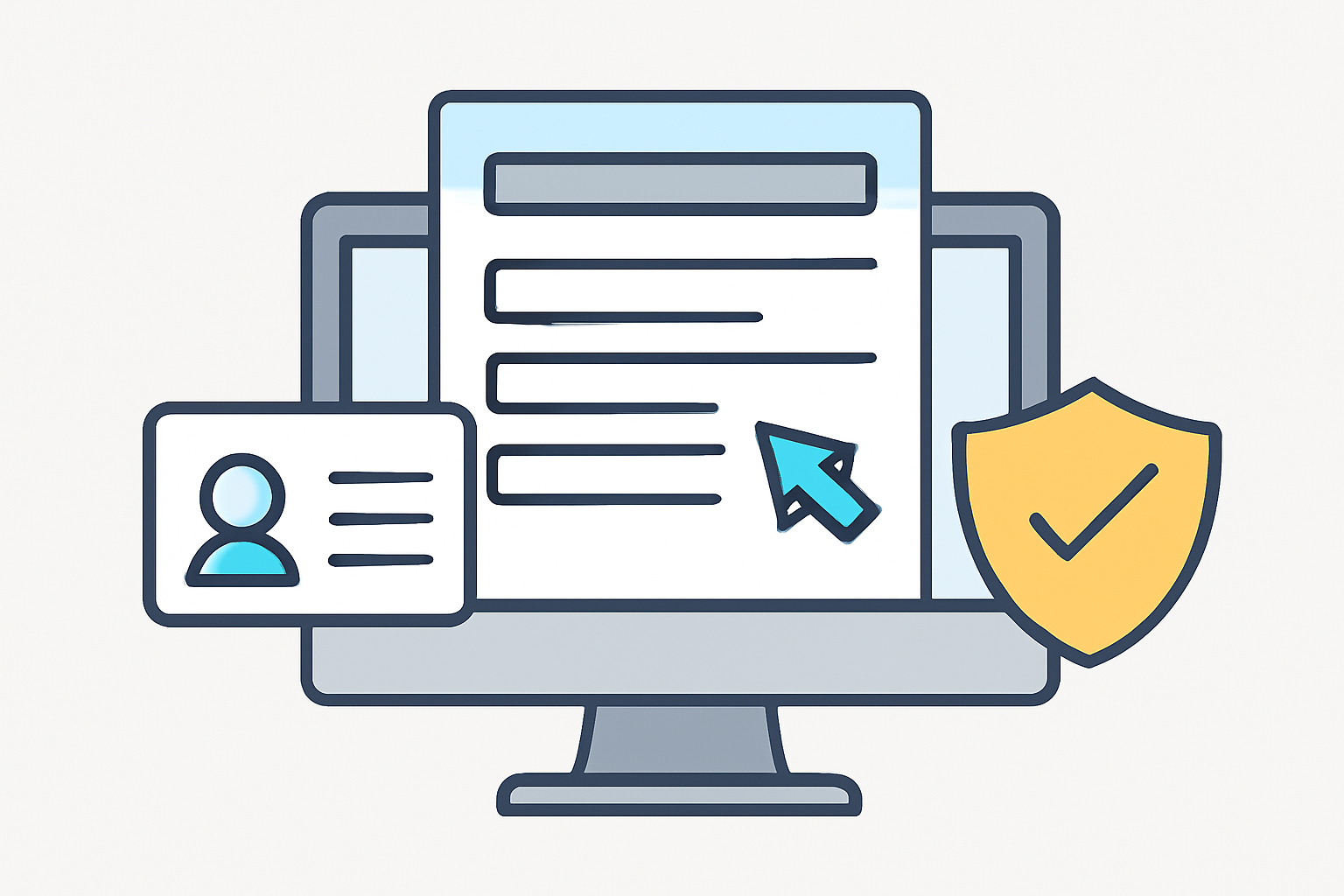 A digital form being filled out on a computer with an ID card and a shield icon representing security.