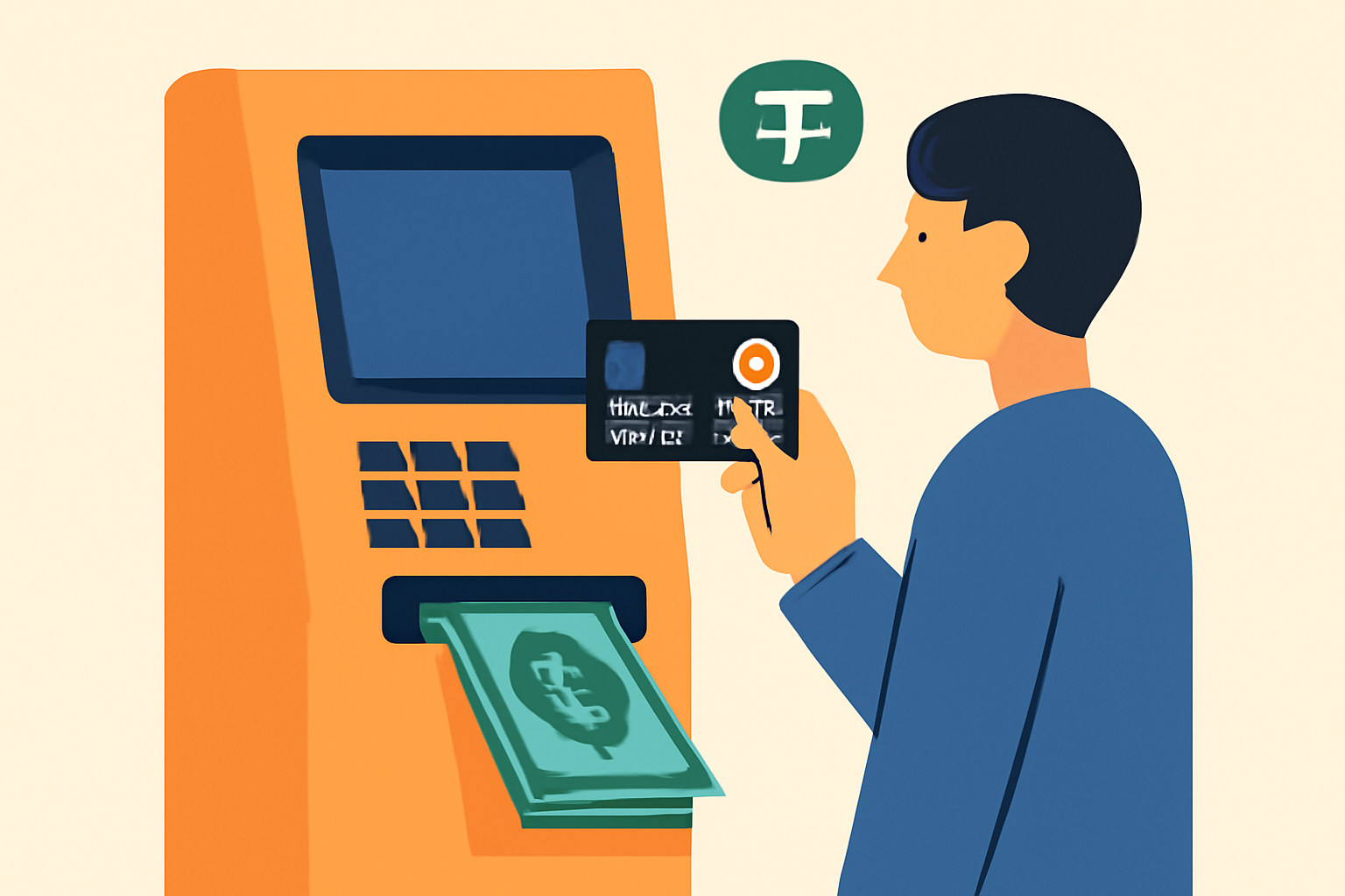 A person using a crypto debit card at an ATM, cash coming out, and USDT symbols floating around.