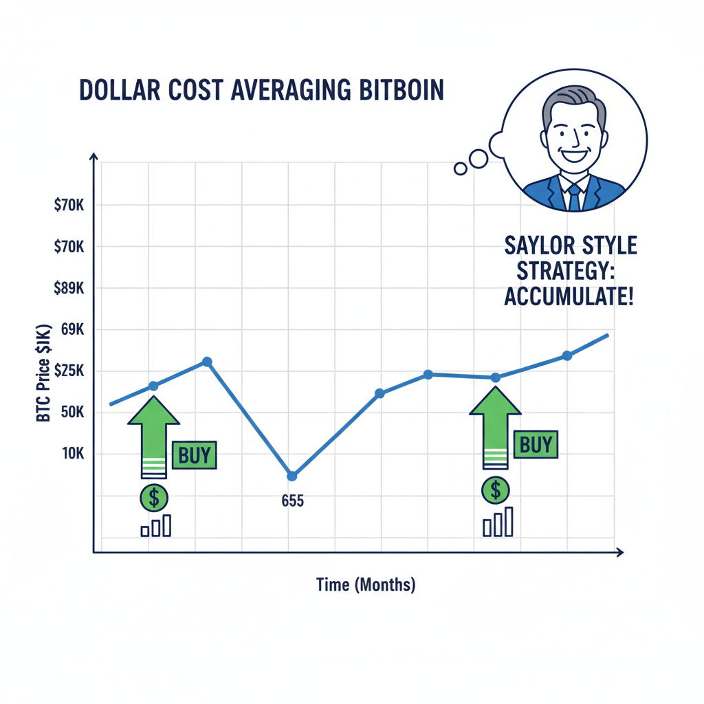 Dollar cost averaging chart Bitcoin dipping 5% to $67K then rebounding, buy arrows on dips, Saylor style strategy