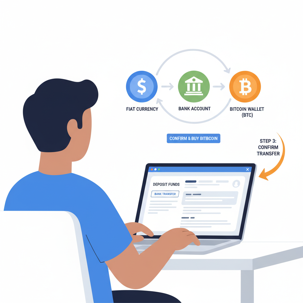 Person funding crypto exchange account with bank transfer on laptop, fiat to Bitcoin flow graphic, modern app interface