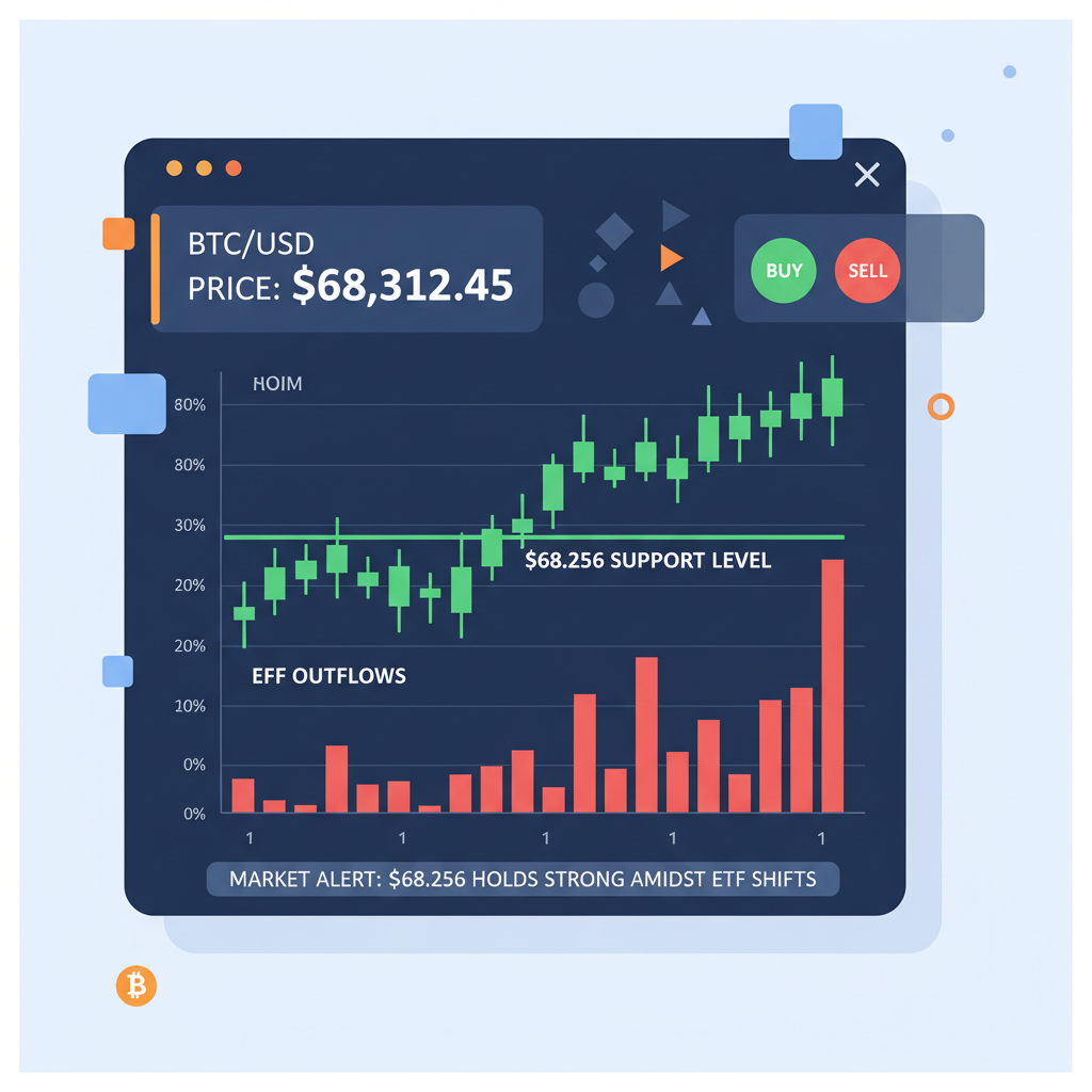 Bitcoin price chart showing ETF outflows and $68,256 support level, green candles holding line, energetic trading dashboard
