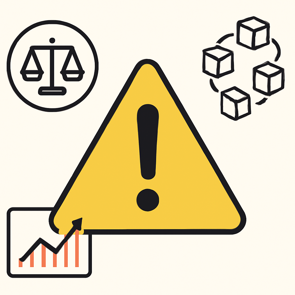 A caution sign surrounded by icons for regulation, blockchain, and market charts, clear and educational style