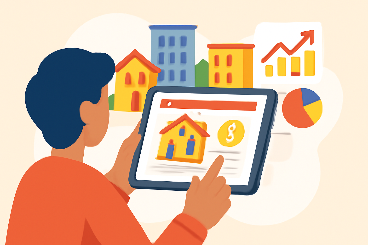 A user browsing property listings on a tablet, with illustrated buildings and charts, colorful and inviting