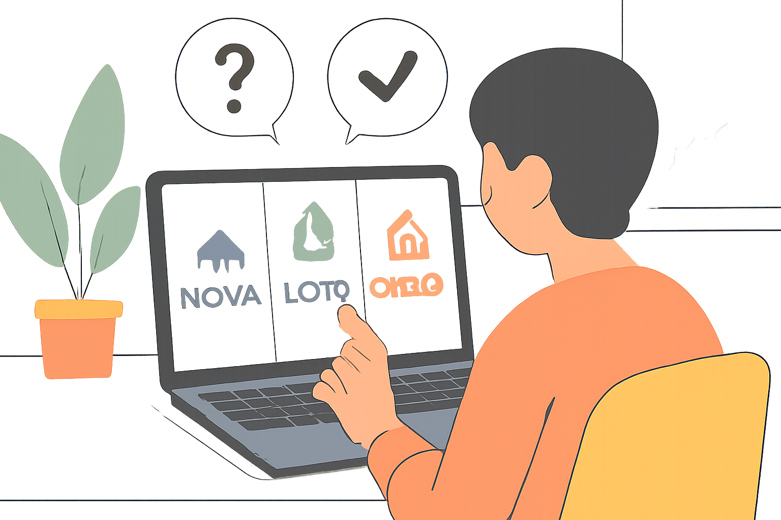 A person comparing different real estate investment platforms on a laptop, with logos of NOVA, Lofty, and Kenson visible, bright and modern style