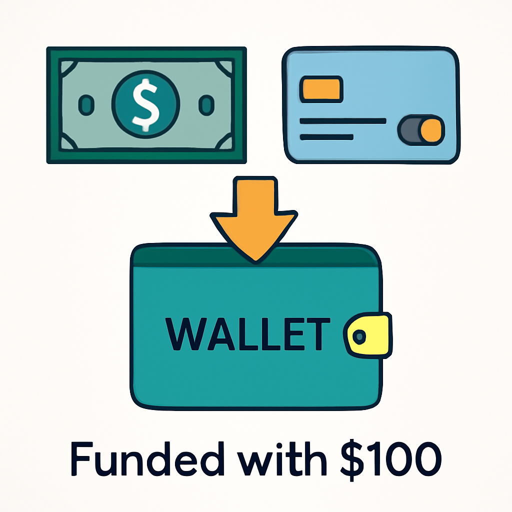 A digital wallet being funded with $100, with cash and credit card icons, simple and clean design