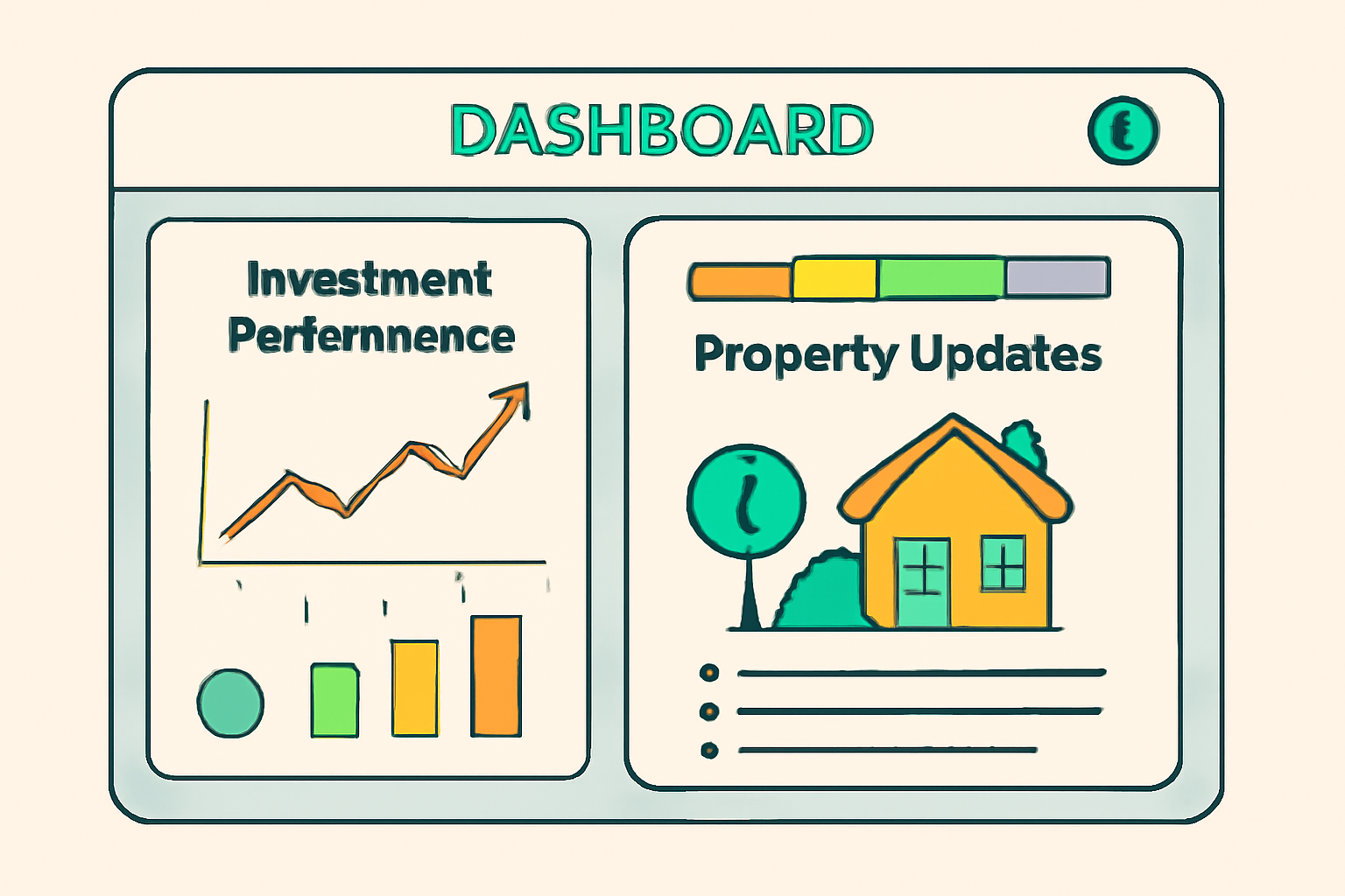 A dashboard screen showing investment performance graphs and property updates, cheerful and organized