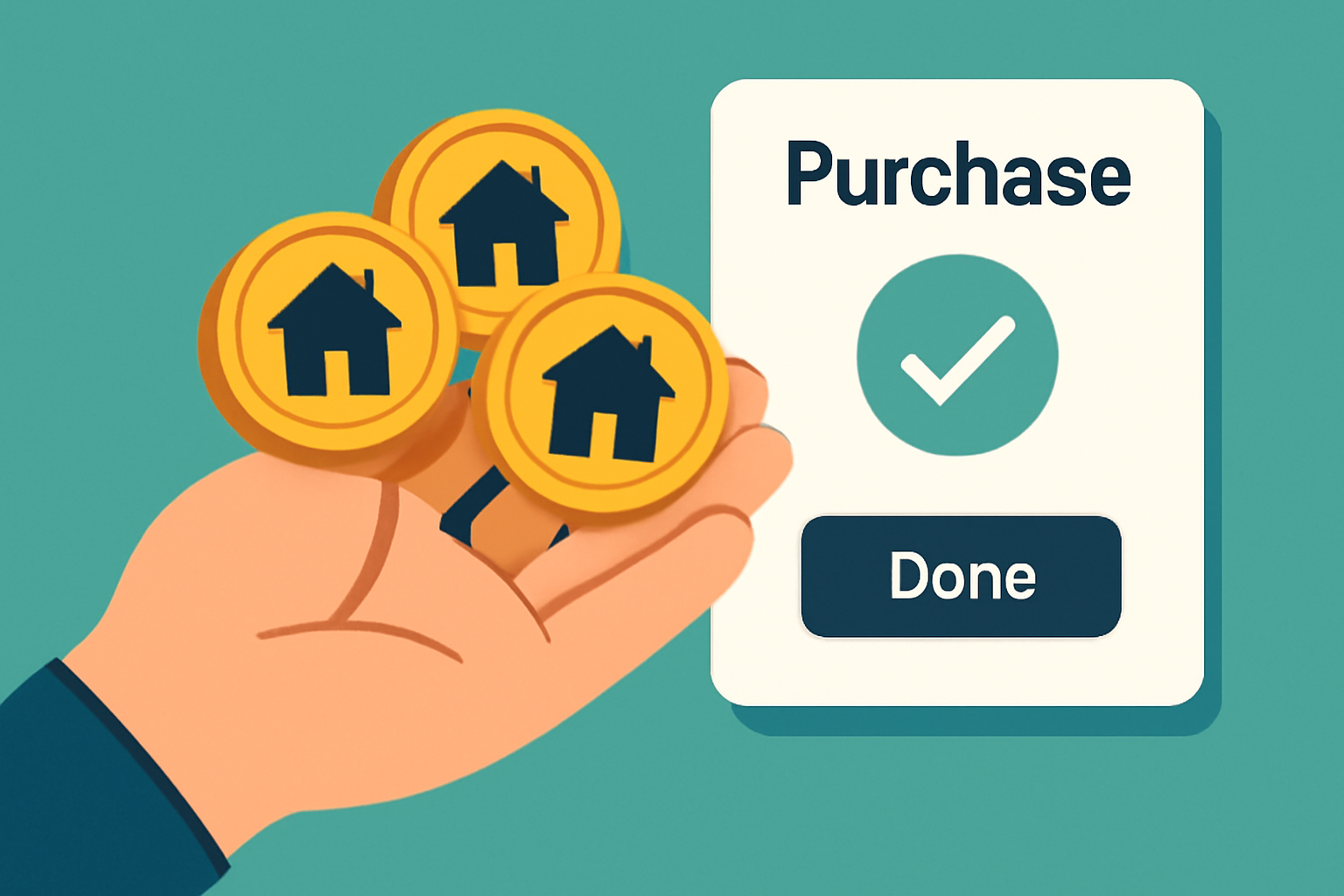 A hand holding digital tokens with property icons, showing a purchase confirmation screen, modern and visual