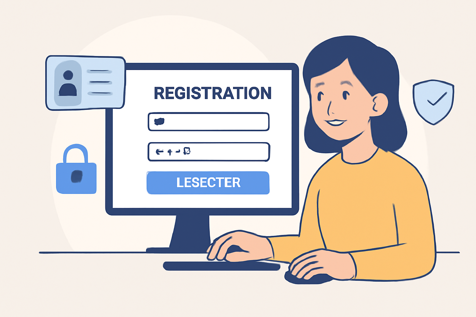 A user filling out a digital registration form on a computer, with ID card and security icons, friendly and secure atmosphere