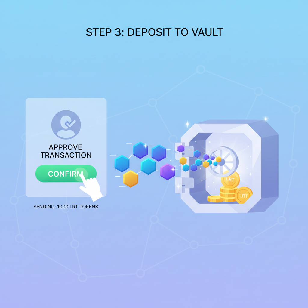 user approving transaction with LRT tokens depositing into shimmering vault, ethereal blockchain flow animation