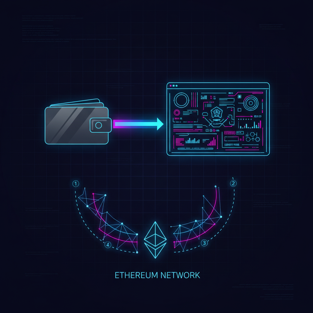 sleek wallet icon connecting to glowing DeFi dashboard on futuristic Ethereum network, neon cyberpunk style