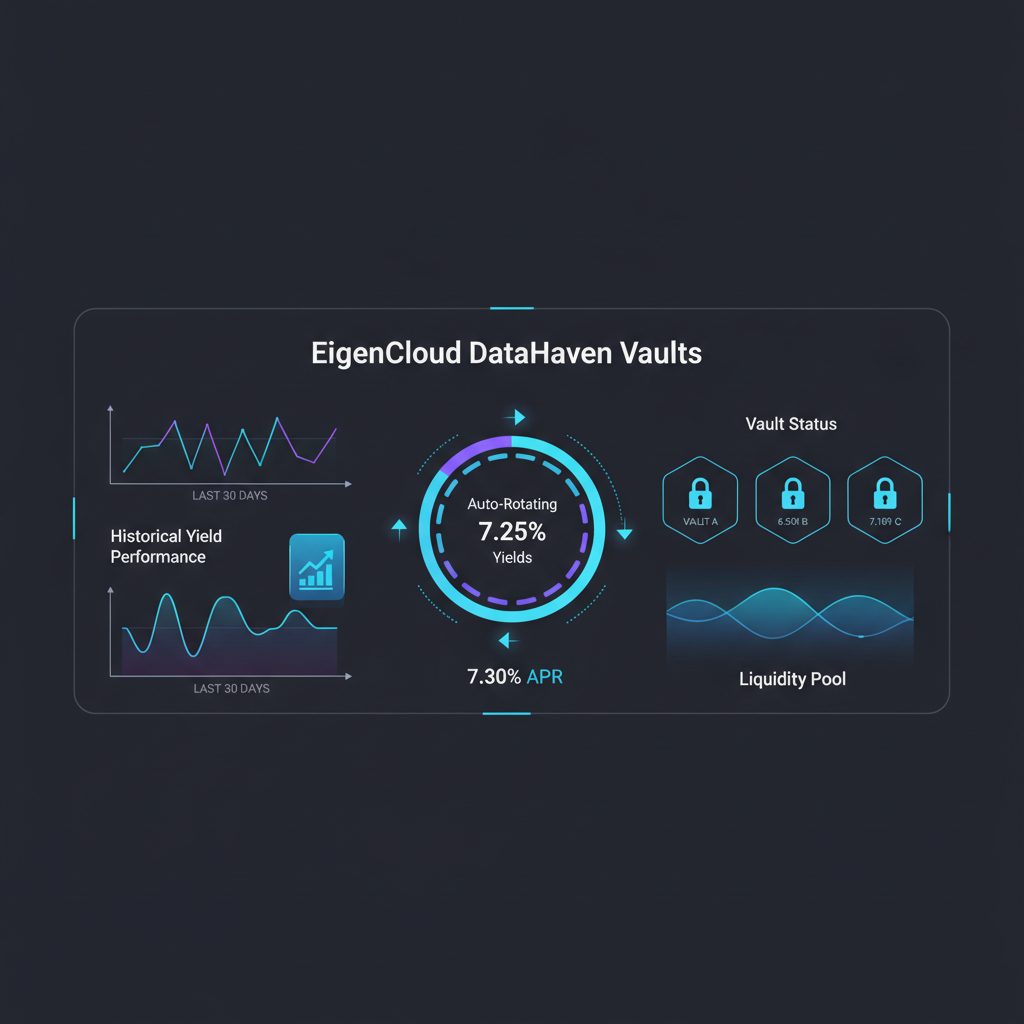 dynamic dashboard displaying auto-rotating yields for EigenCloud DataHaven vaults, charts and holograms in dark mode