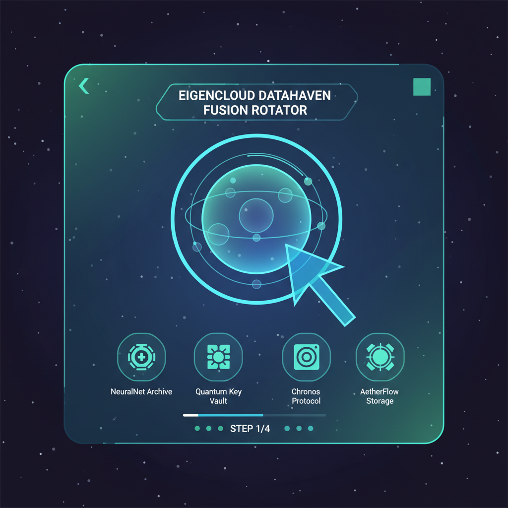 holographic vault selection screen highlighting EigenCloud DataHaven fusion rotator, sci-fi interface with glowing orbs
