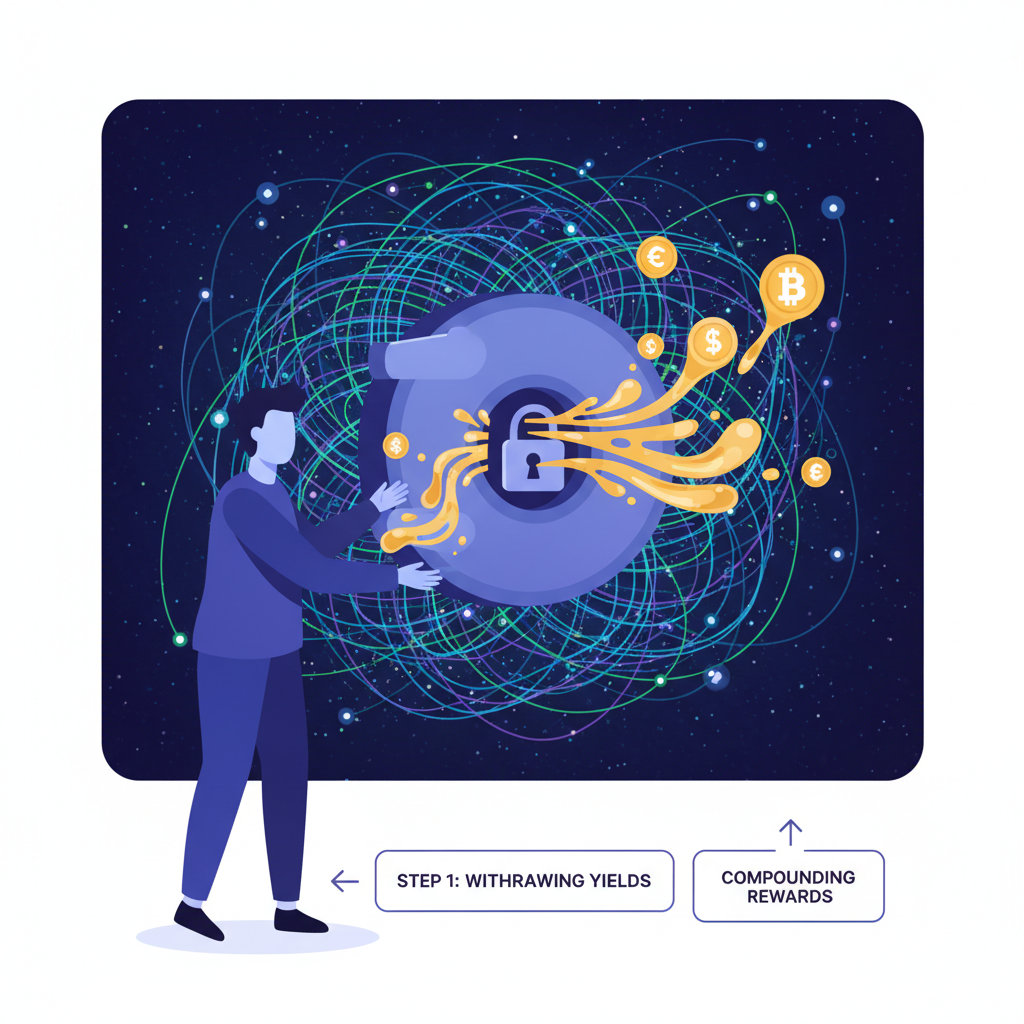user withdrawing glowing yields from vault or compounding rewards, fluid token flow in cosmic Web3 environment