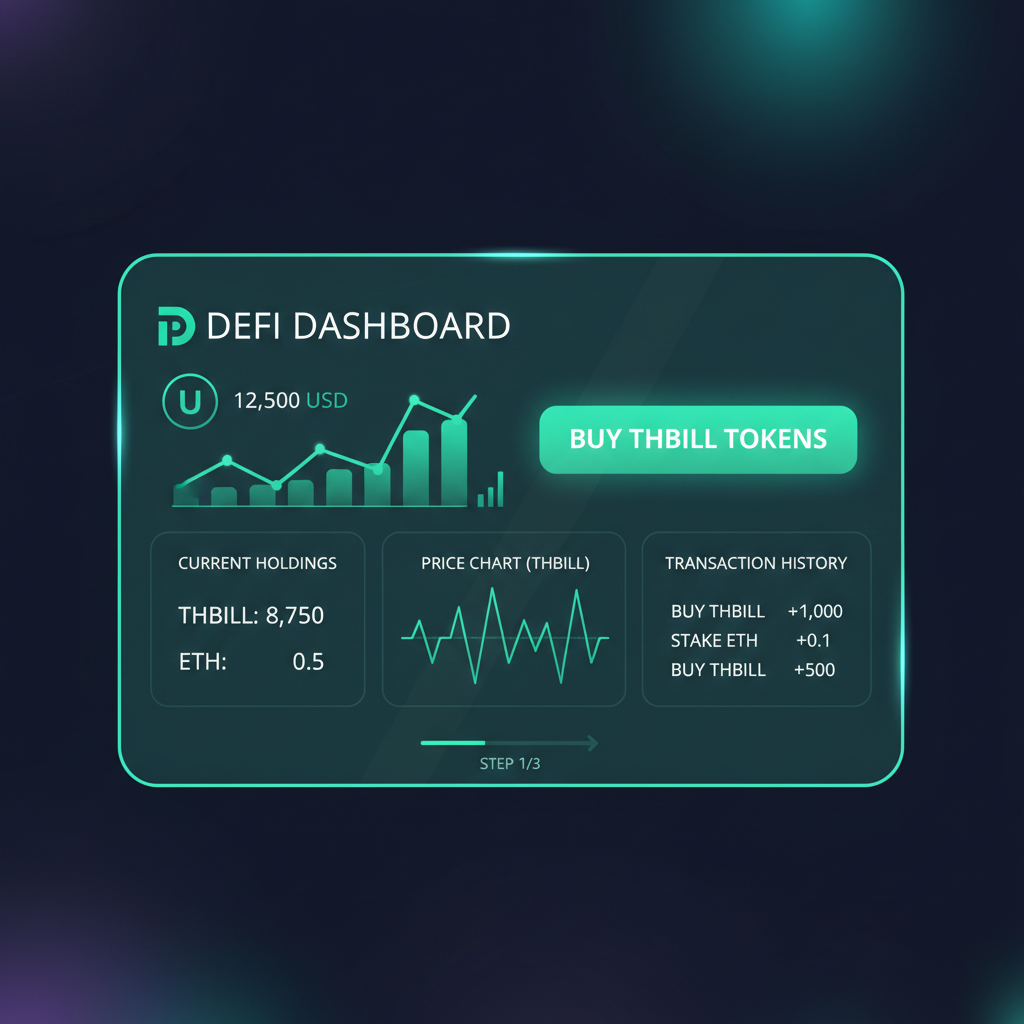 futuristic wallet interface buying thBILL tokens, glowing green charts, DeFi dashboard