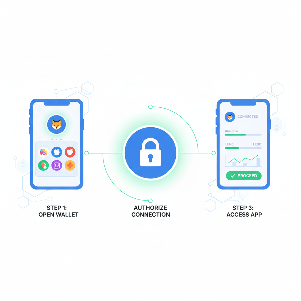 user connecting wallet to DeFi lending app, secure lock icon, modern UI