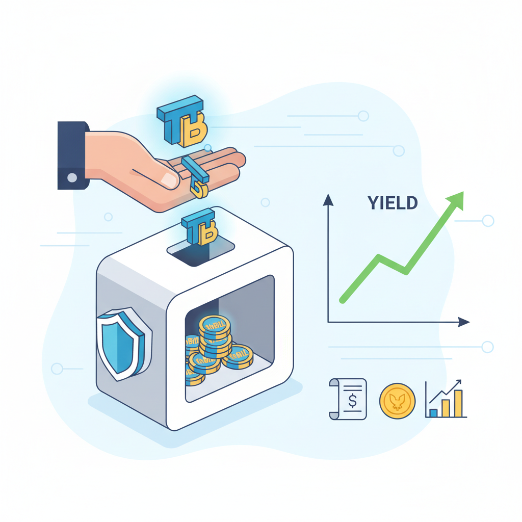 depositing glowing thBILL tokens into vault, treasury bill icons, upward yield graph