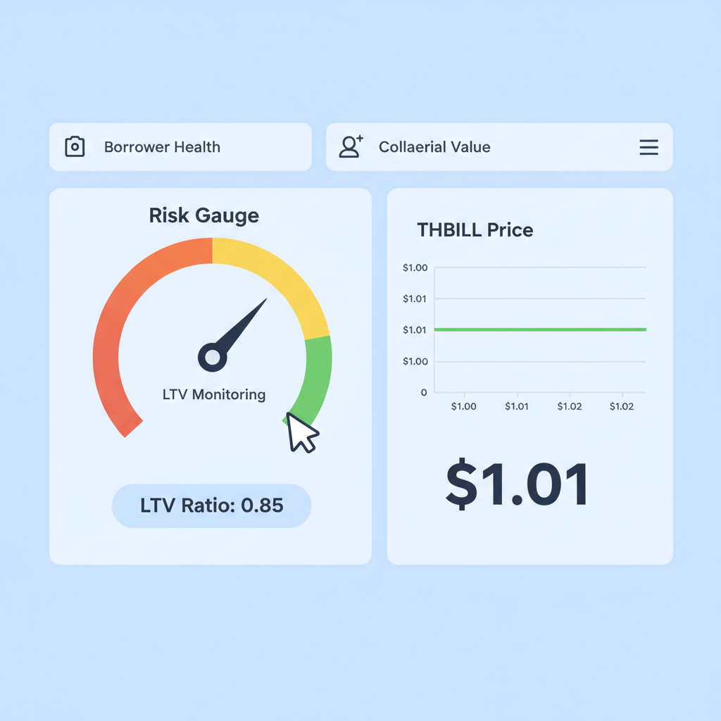 LTV monitoring dashboard, risk gauge, thBILL price chart at $1.01