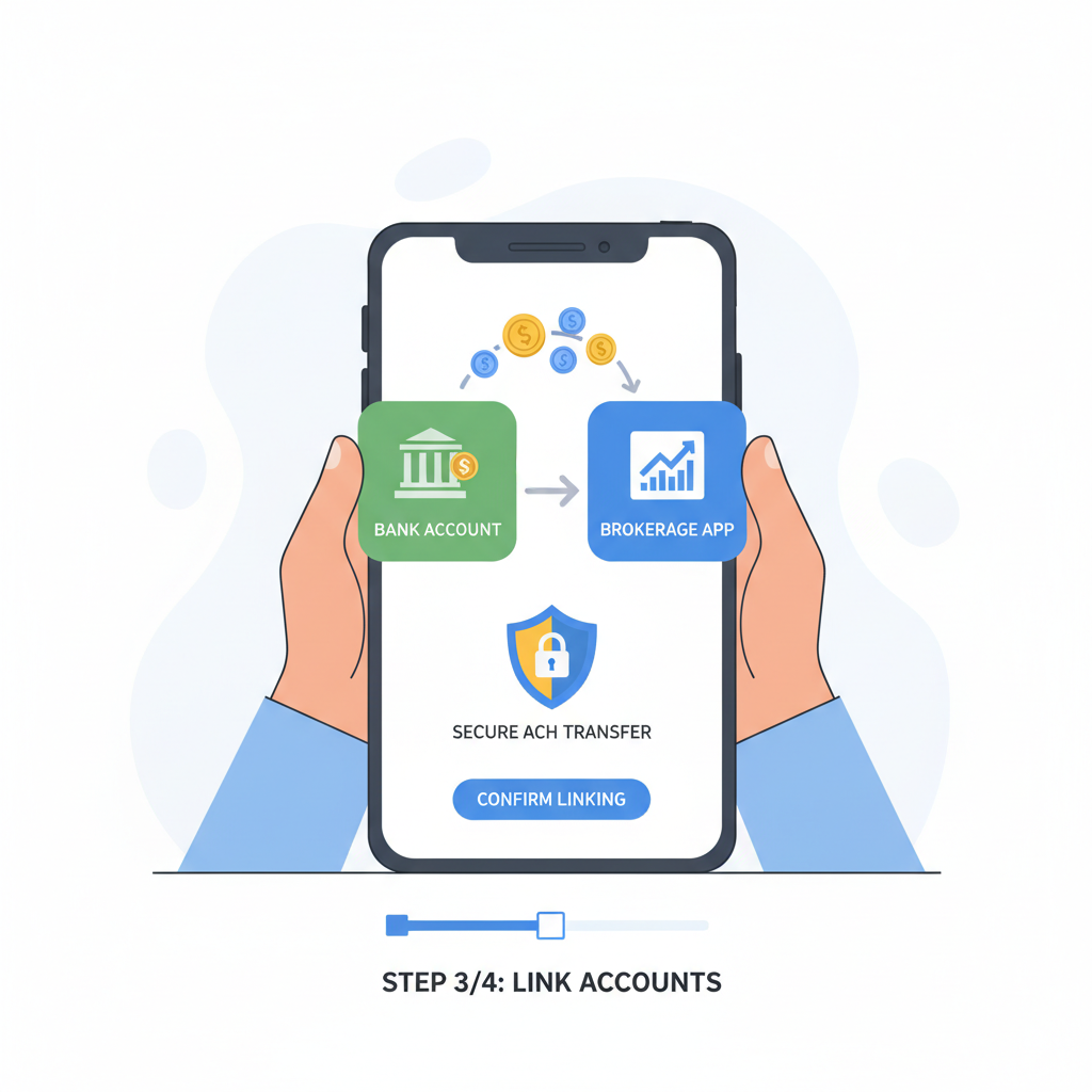person linking bank to brokerage app via ACH, money transfer icons, secure padlock, simple dashboard