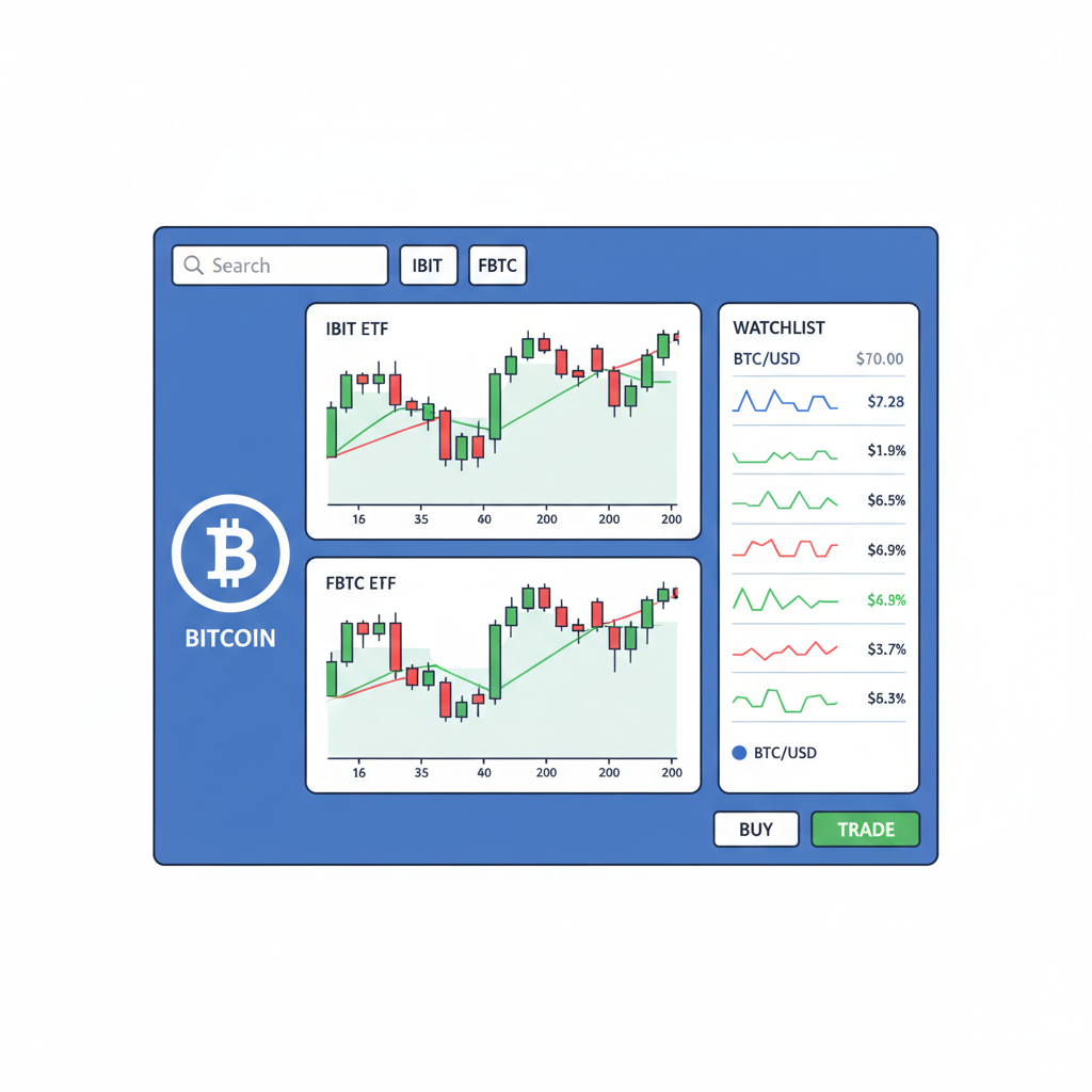 brokerage trading screen searching IBIT or FBTC ticker, ETF charts, Bitcoin symbol