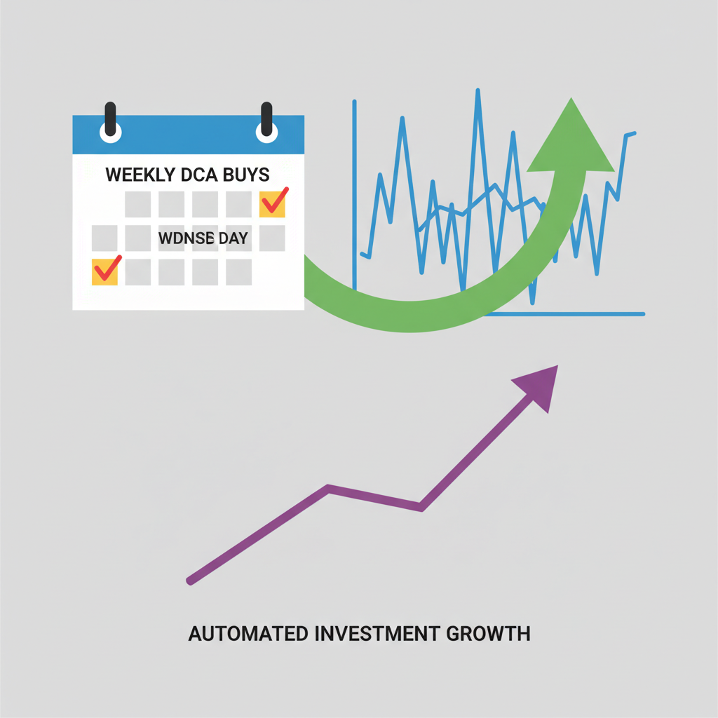 calendar with weekly DCA buys, upward arrow through volatile Bitcoin chart, automated investment graph