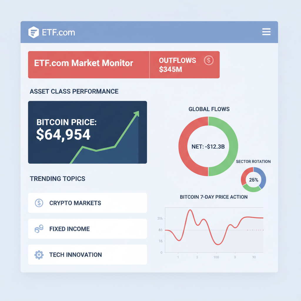 ETF.com dashboard showing outflows, Bitcoin price at $64,954, charts and metrics