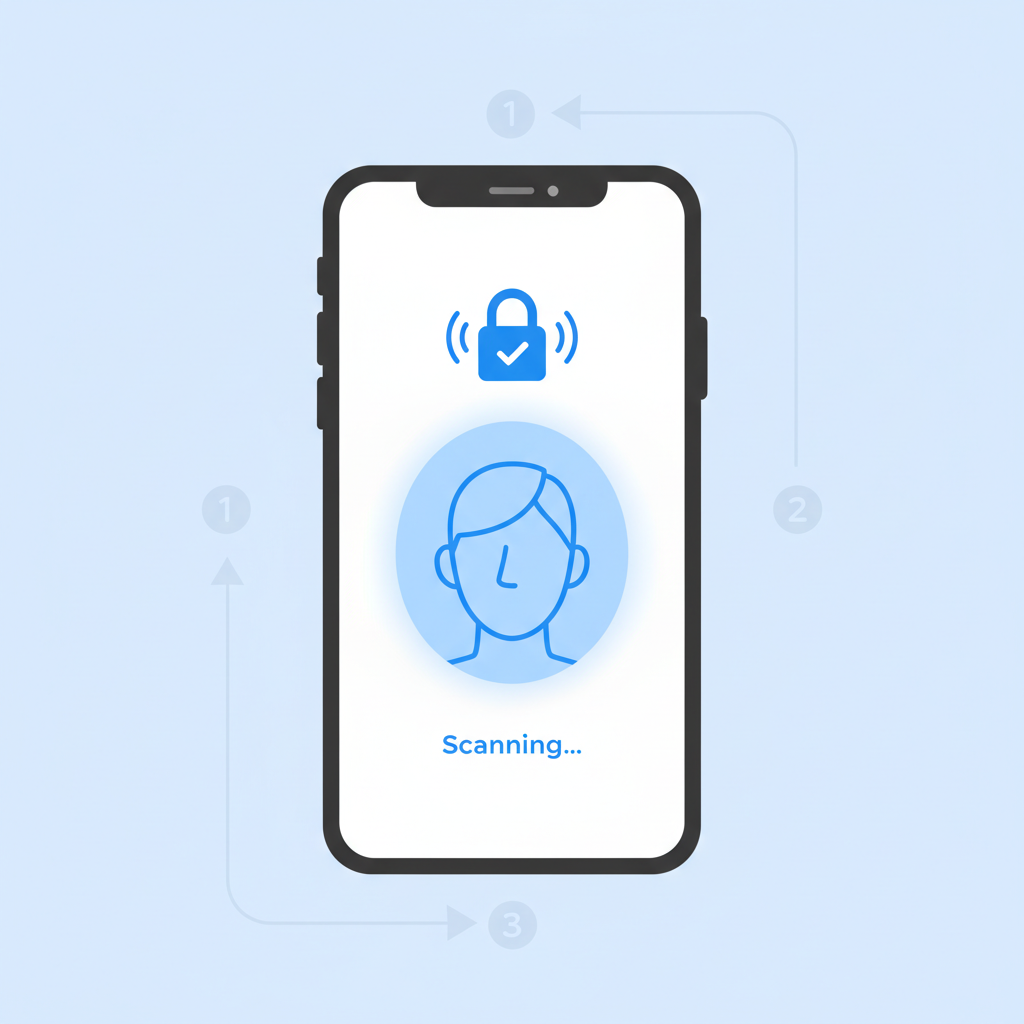 smartphone with Face ID scan active, clean modern UI, blue glow, secure lock icon