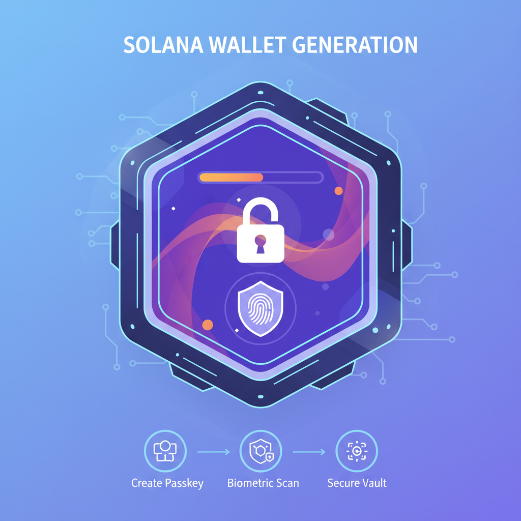 Solana wallet generating on screen, passkey icon, biometric shield, futuristic digital vault
