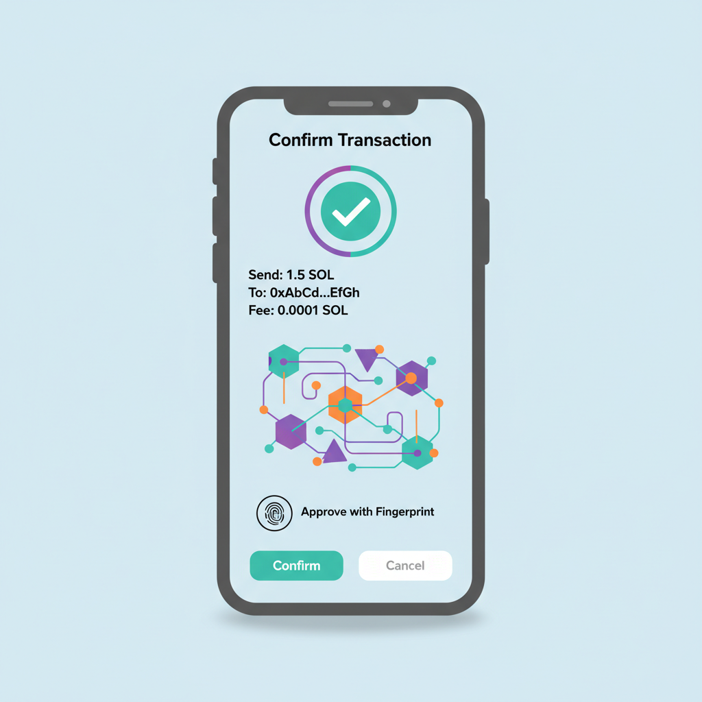 mobile screen showing transaction confirmation with biometric prompt, Solana blockchain animation