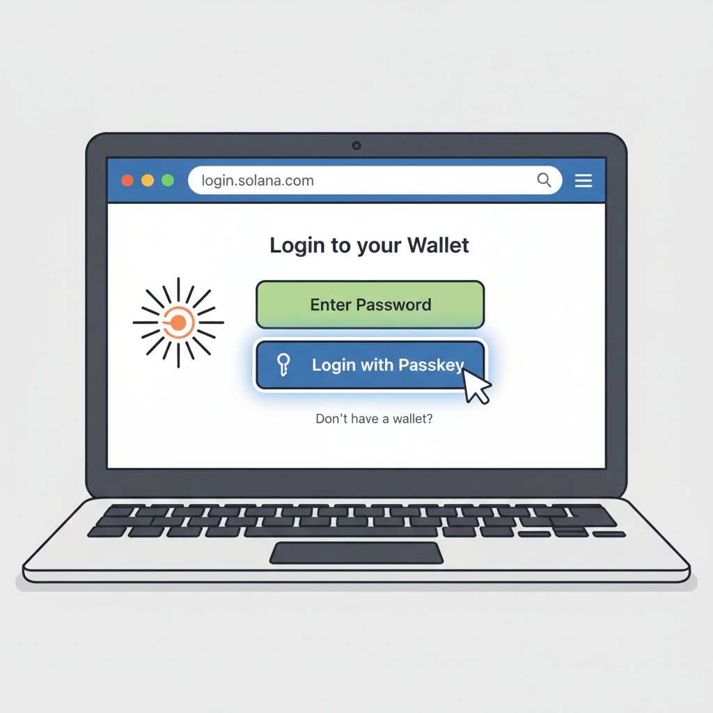 web browser on laptop showing wallet login page with passkey button highlighted, Solana logo