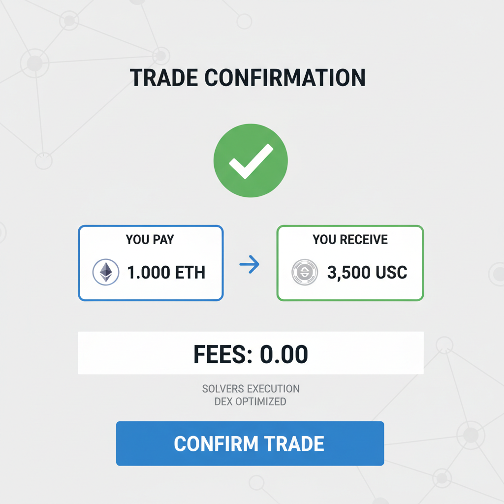 trade confirmation screen zero fees solvers execution DEX