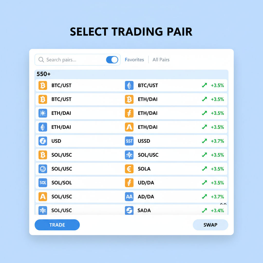 trading pair selection screen with 550 pairs list modern DEX interface