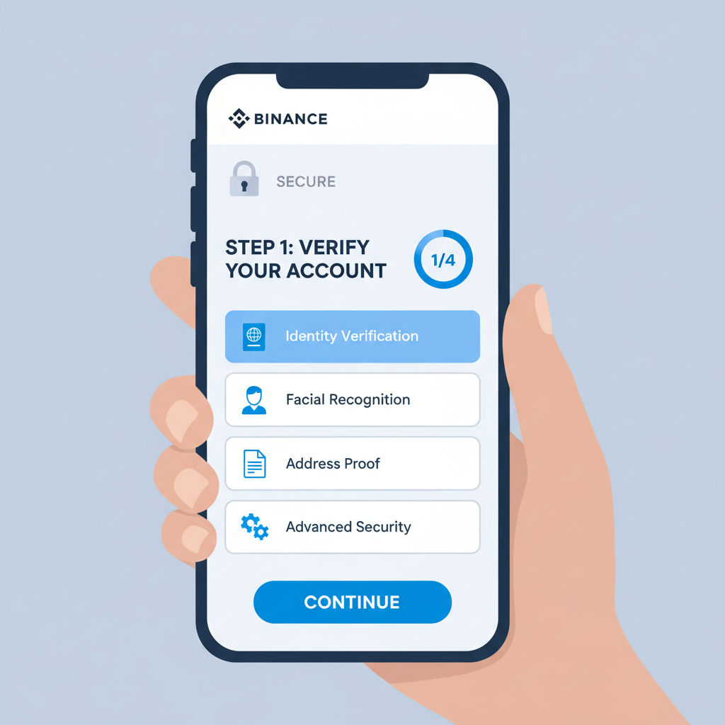 clean modern crypto exchange app interface on smartphone, Binance logo, secure lock icon, professional blue tones