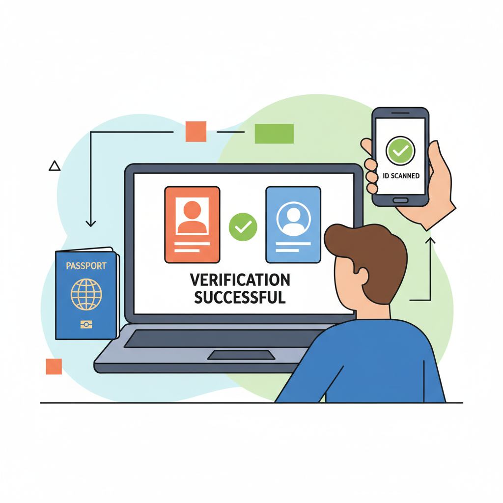 person verifying ID on laptop, passport and phone screen with checkmark, secure verification process illustration