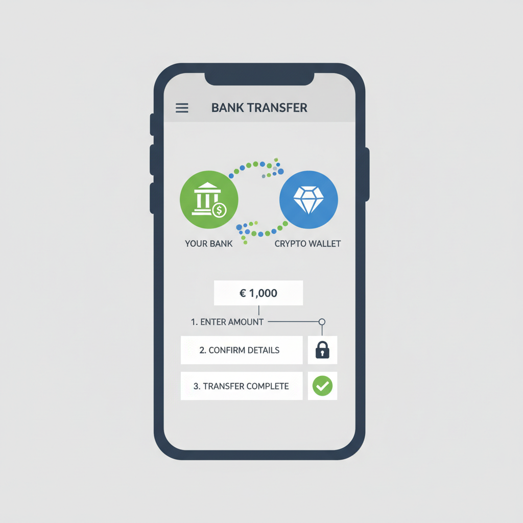 bank transfer screen on mobile app, money flowing from bank to crypto wallet icon, simple flowchart