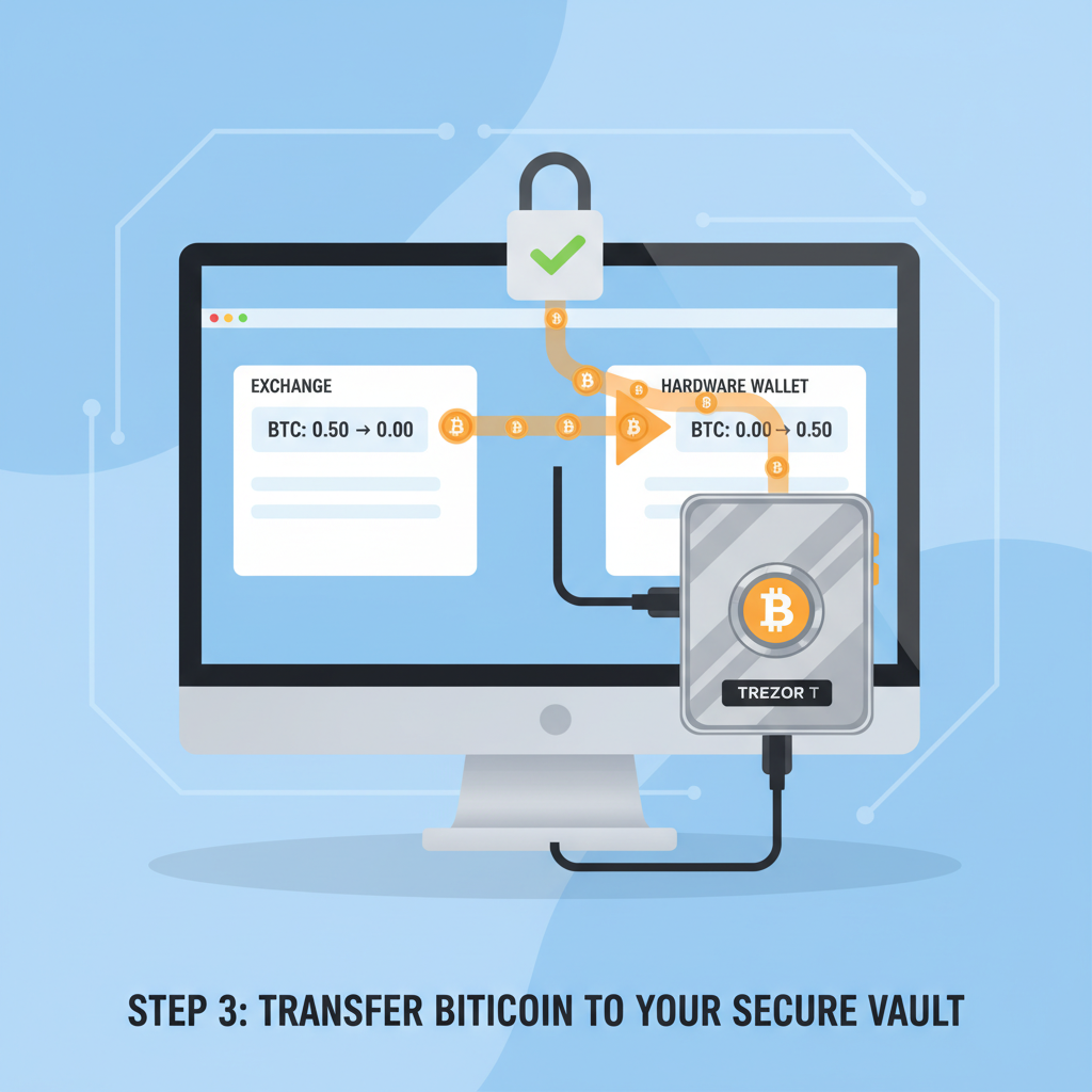 hardware crypto wallet connected to computer, bitcoin transferring from exchange to wallet, secure vault aesthetic