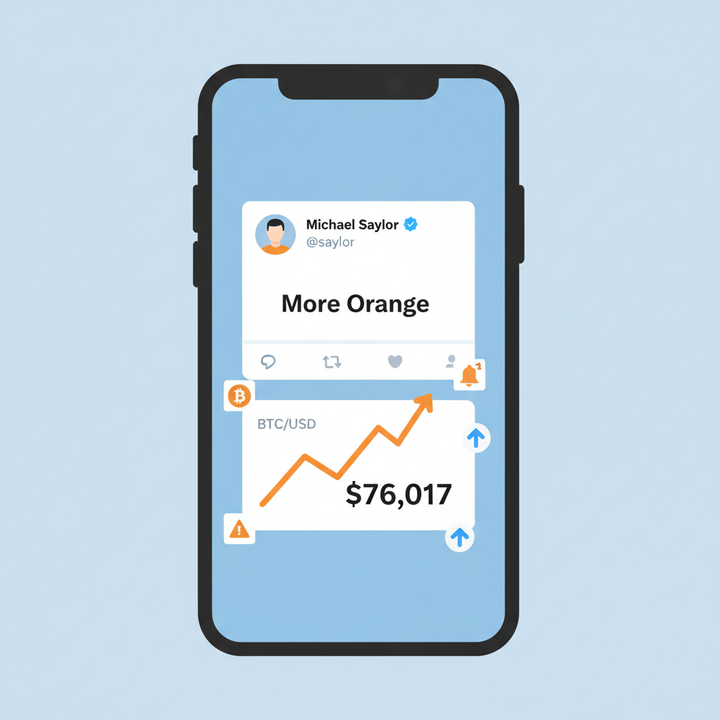 smartphone notifications with Saylor tweet 'More Orange', bitcoin price chart at $76,017, alert icons