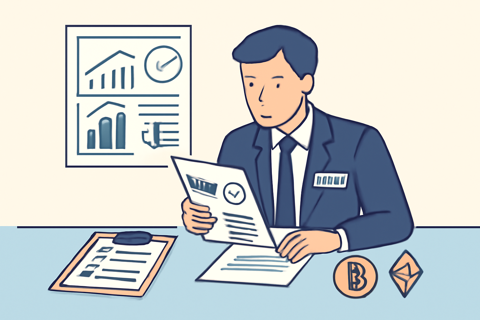 A bank officer reviewing business documents and compliance charts, with a checklist and crypto symbols on the desk.