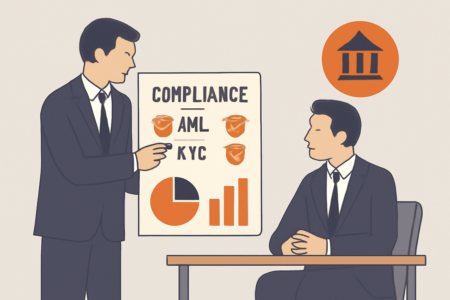 A businessperson presenting a compliance report with AML/KYC charts and shield icons to a bank representative.