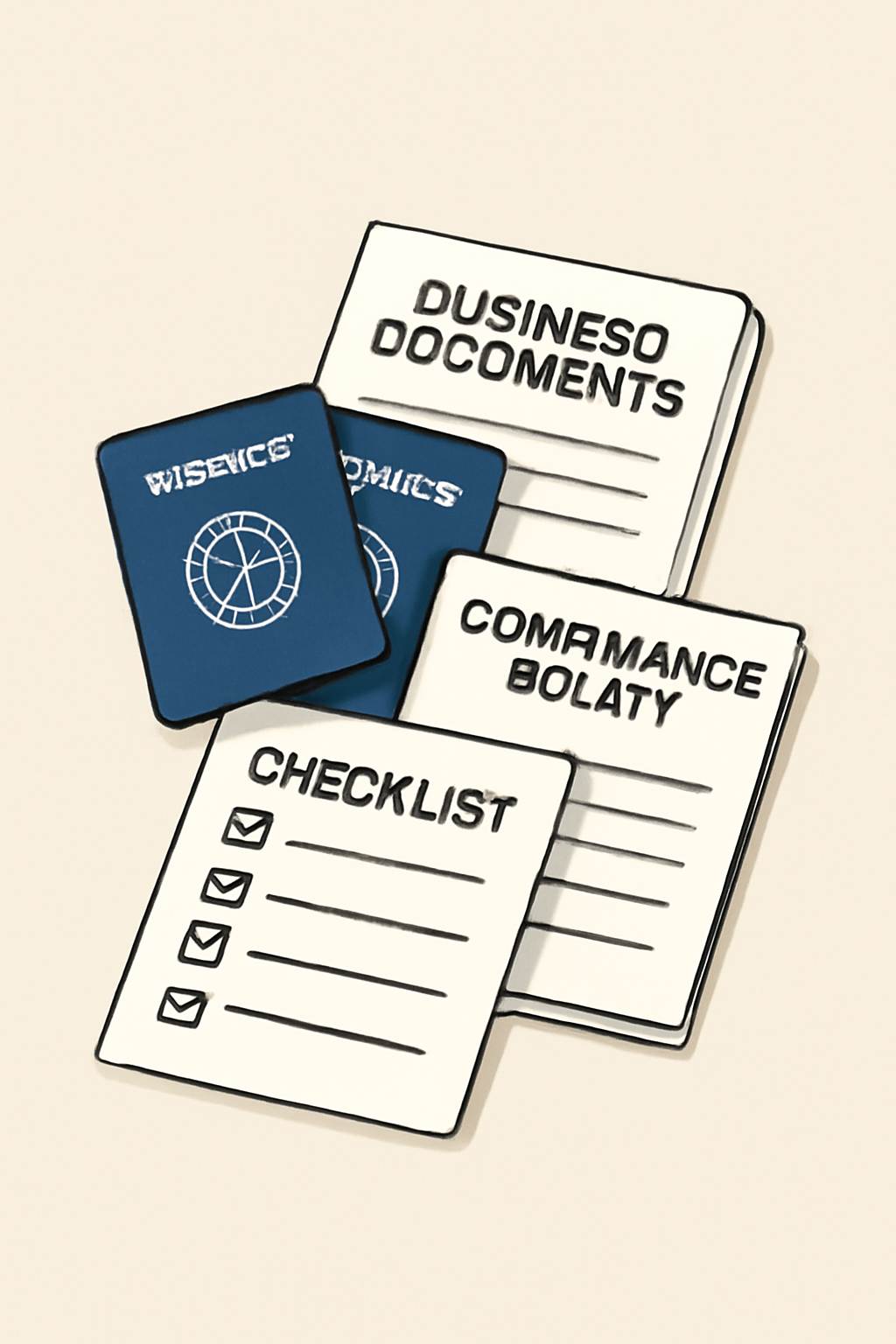 A neat stack of business documents, passports, compliance policy papers, and a checklist, all on a clean workspace.