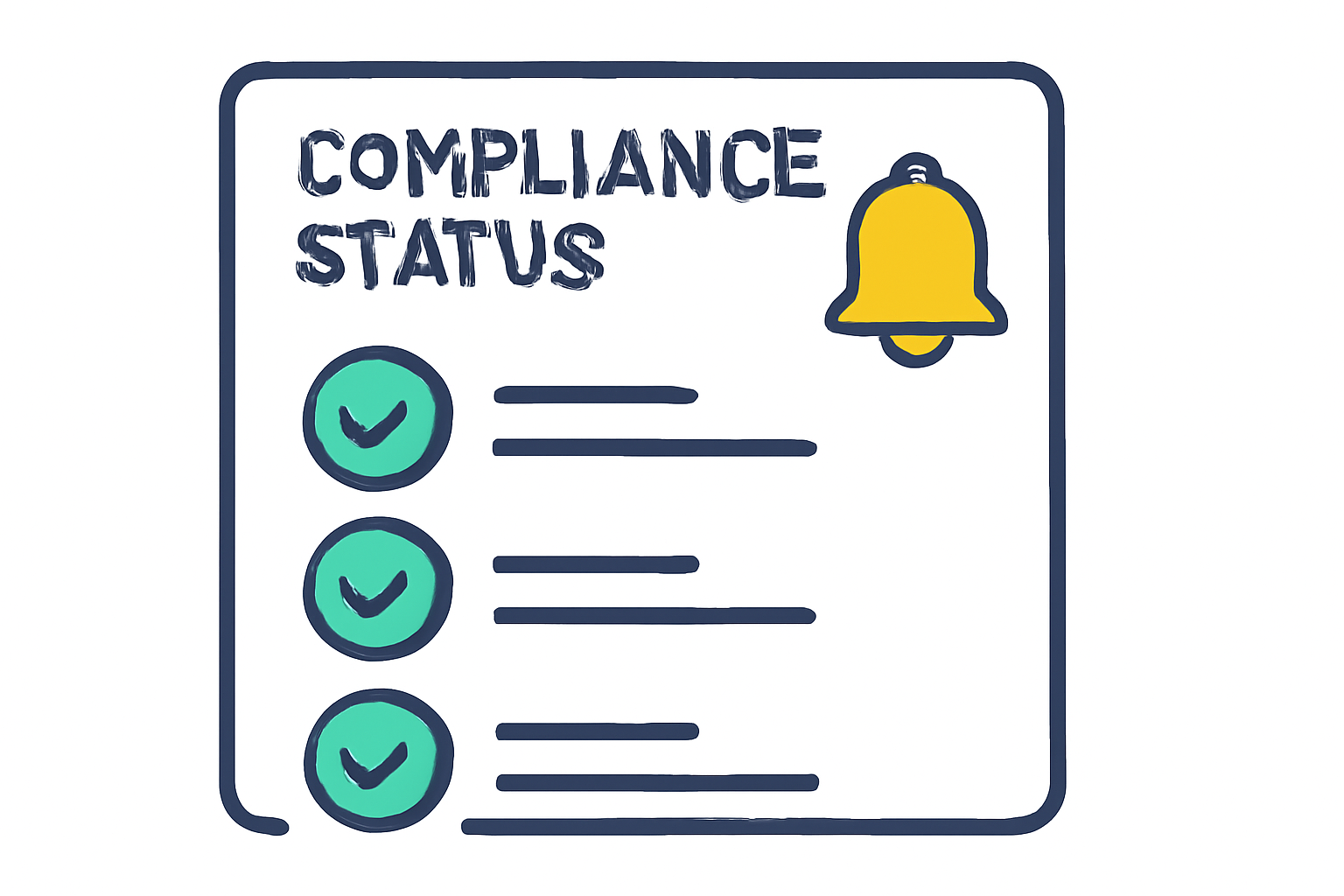A digital dashboard showing compliance status, with green check marks and a notification bell for updates.