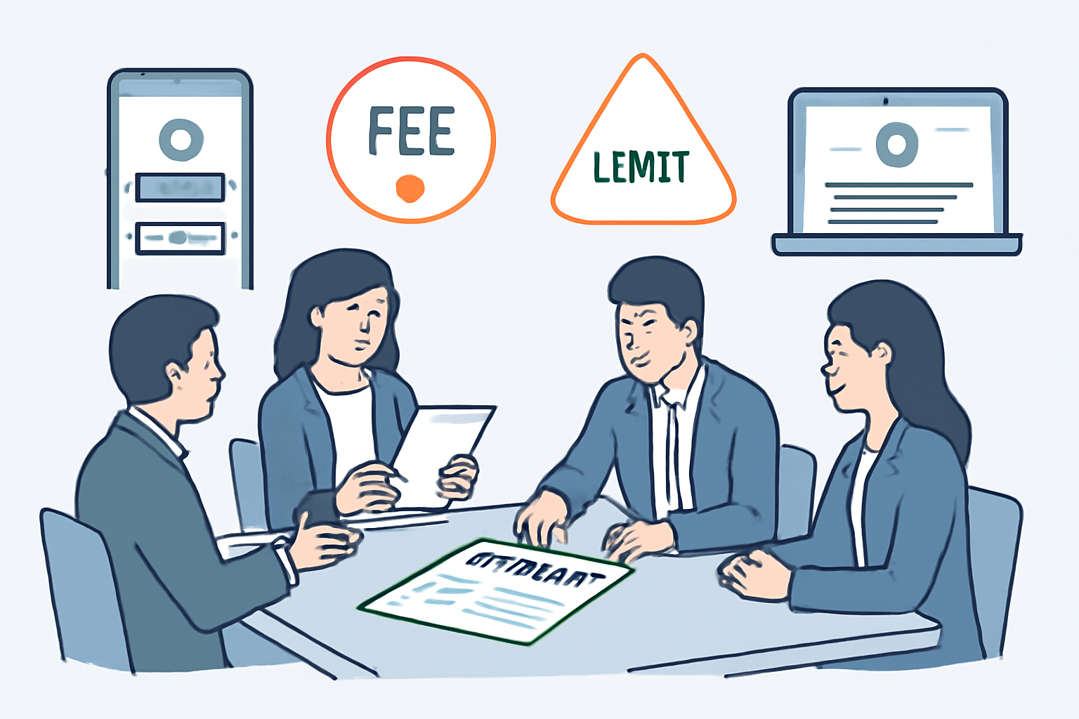 A business meeting with people negotiating over a contract, with highlighted fee and limit icons, and digital banking screens.