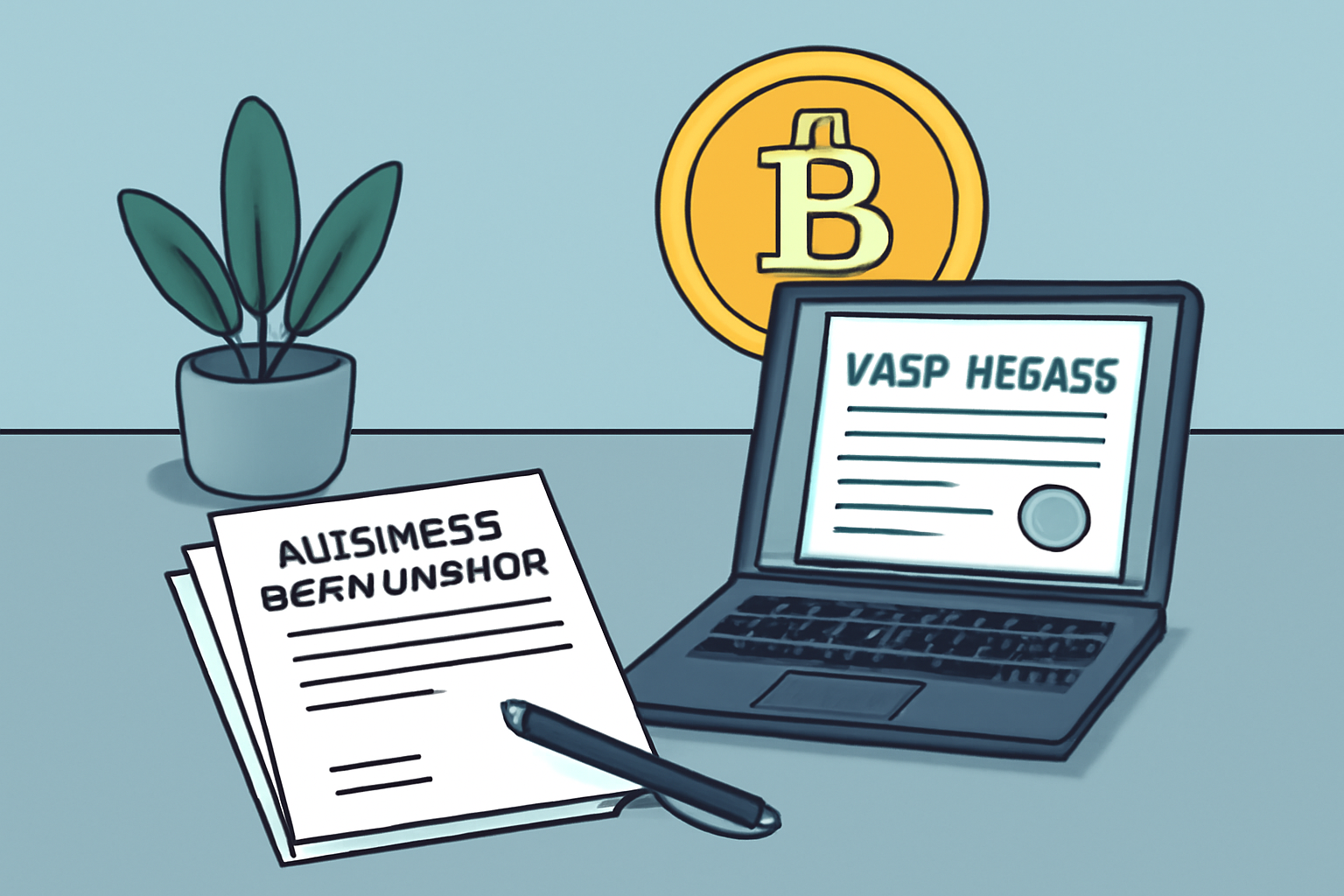 A modern office desk with business registration documents, a laptop displaying a VASP license, and a digital crypto coin symbol in the background.