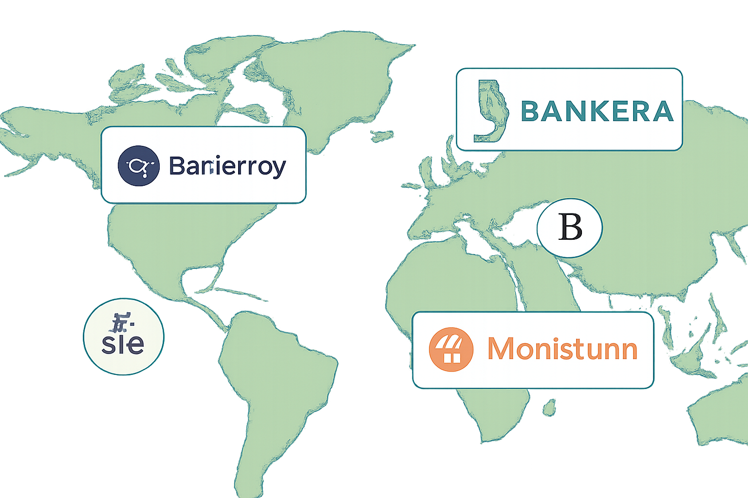 A digital map highlighting BankProv, Bankera, and Monetum logos, with icons for multi-currency and crypto services.